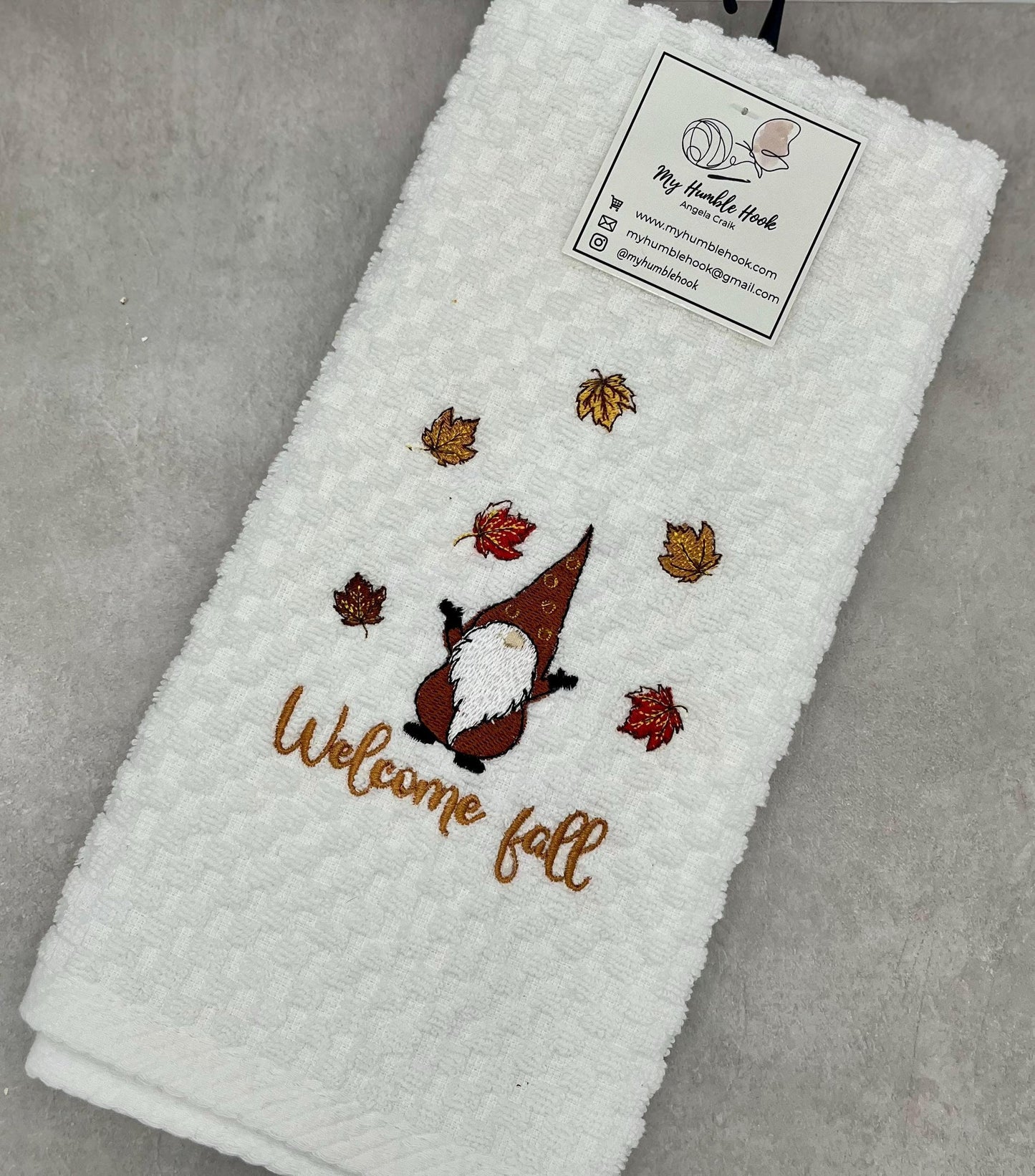 Welcome Fall Gnome Falling Leaves Kitchen Towel / Fall Decorative Towel