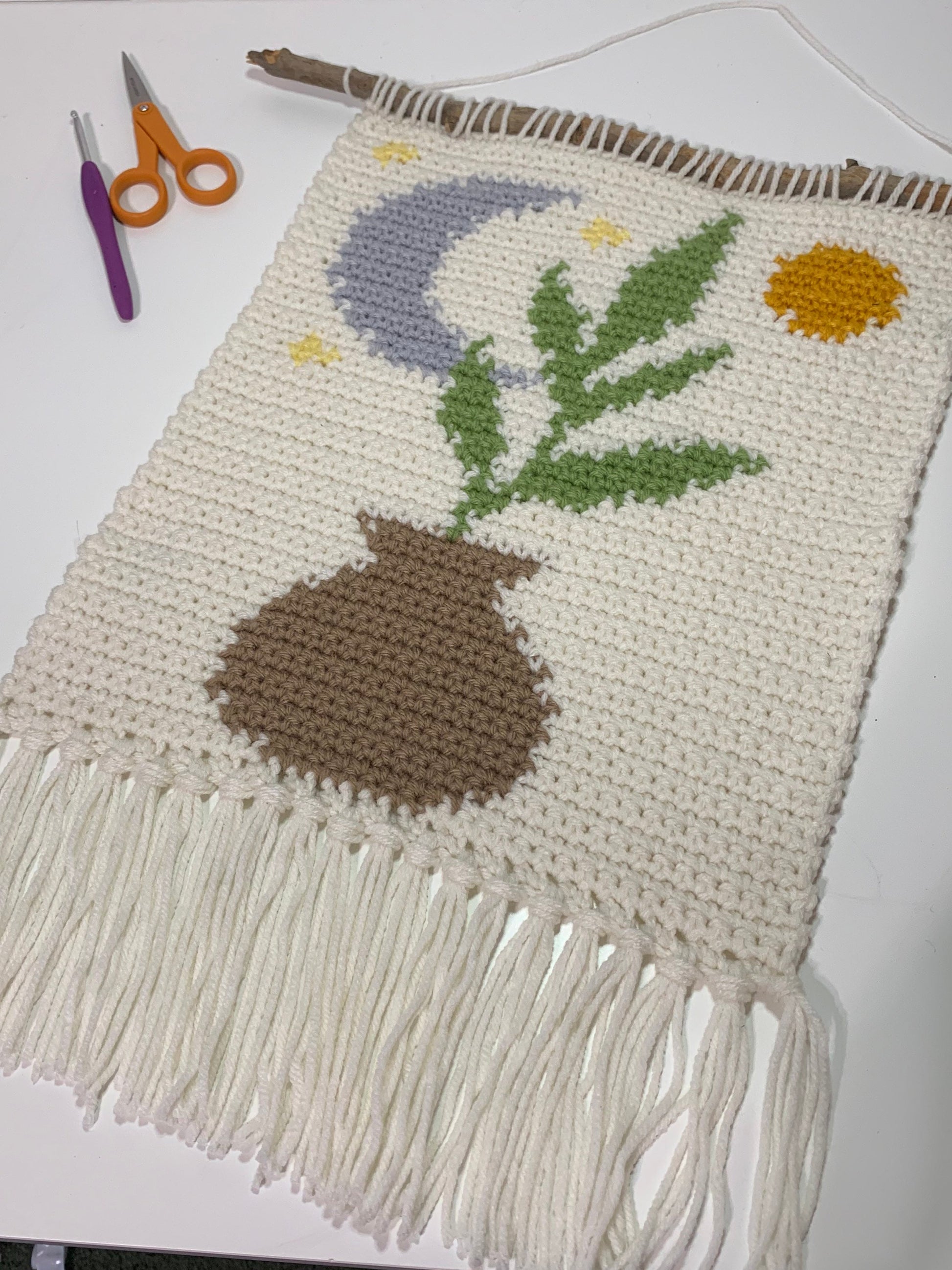 Boho Plant Moon and Sun Wall Hanging / Celestial decor / Boho Retro Style Fiber Wall Art
