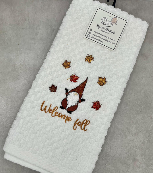 Welcome Fall Gnome Falling Leaves Kitchen Towel / Fall Decorative Towel