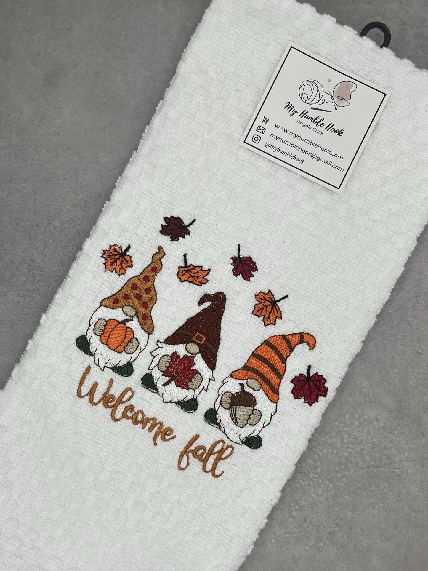 Welcome Fall and Autumn Leaves Gnome Kitchen Towel / Fall Decorative Towel