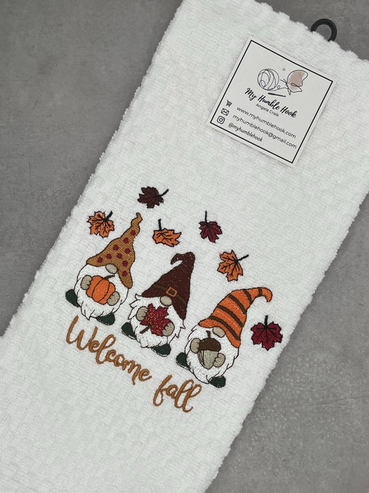Welcome Fall and Autumn Leaves Gnome Kitchen Towel / Fall Decorative Towel